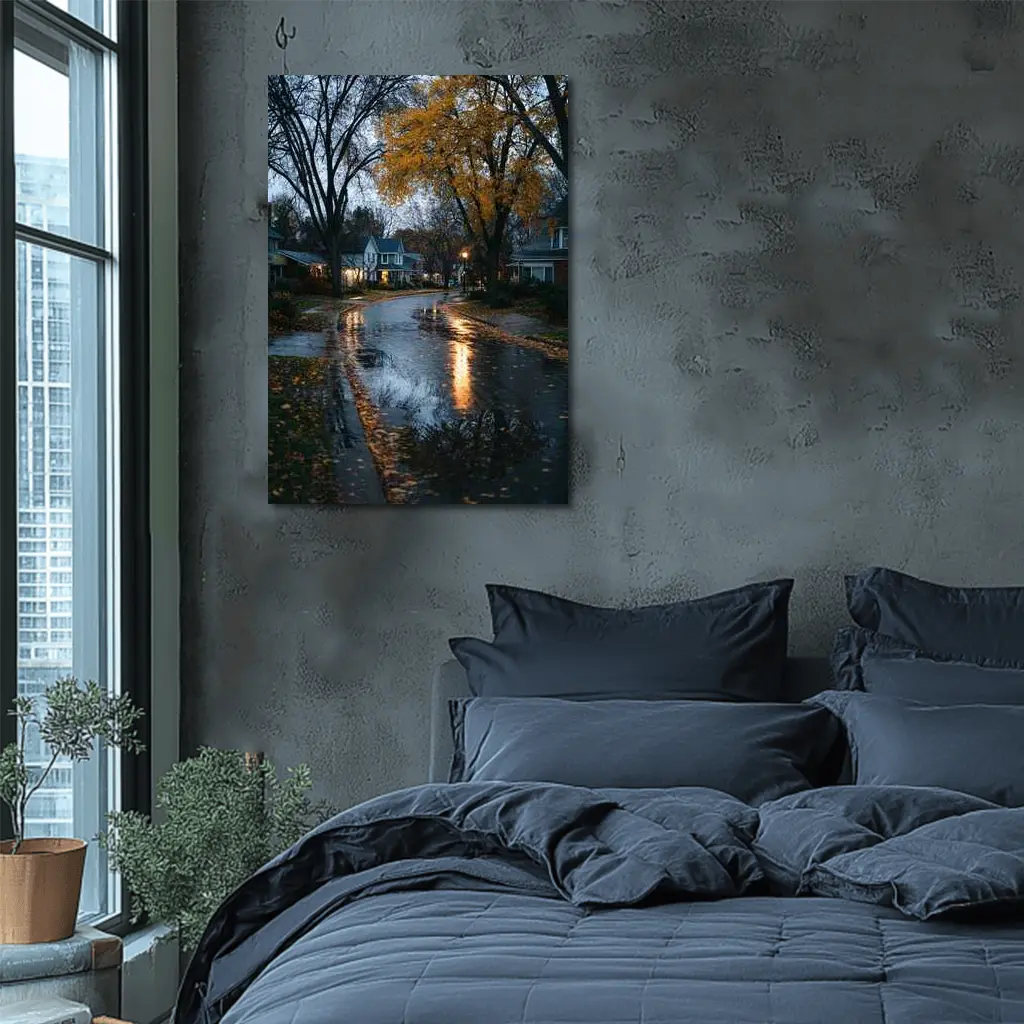Rainy Autumn Suburban Street Wet Reflection – Wall Art