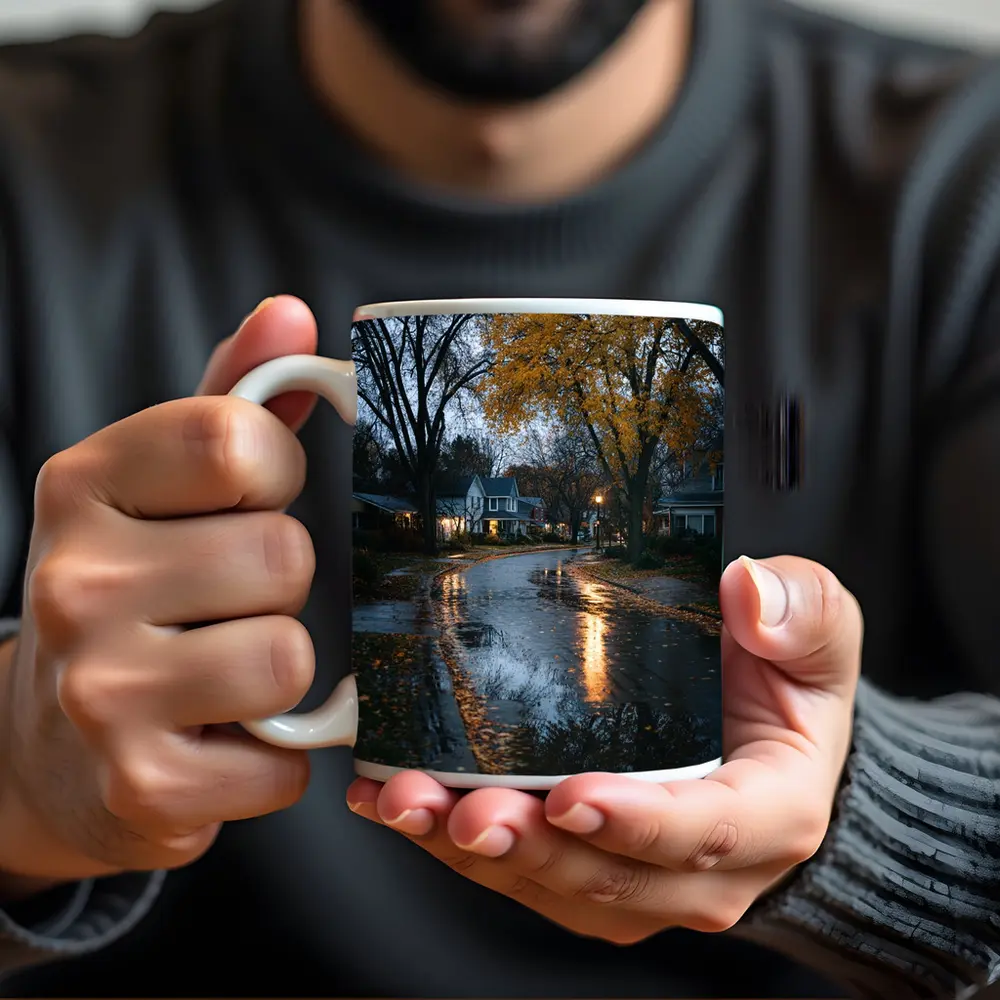 Rainy Autumn Suburban Street Wet Reflection – Mugs