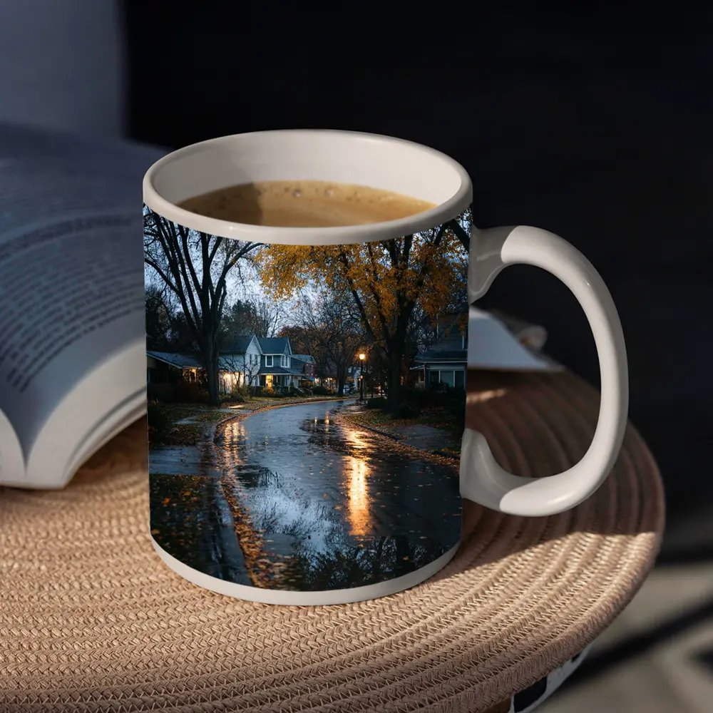 Rainy Autumn Suburban Street Wet Reflection – Mugs