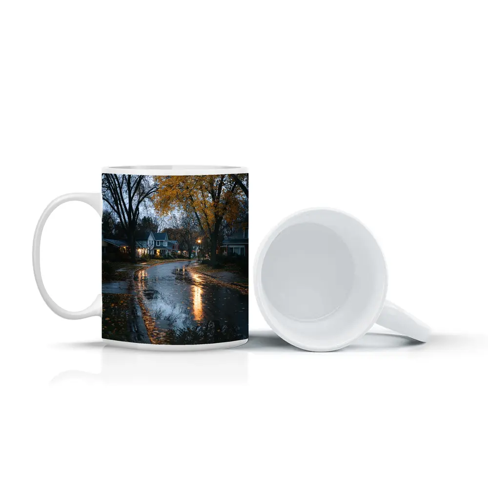 Rainy Autumn Suburban Street Wet Reflection – Mugs