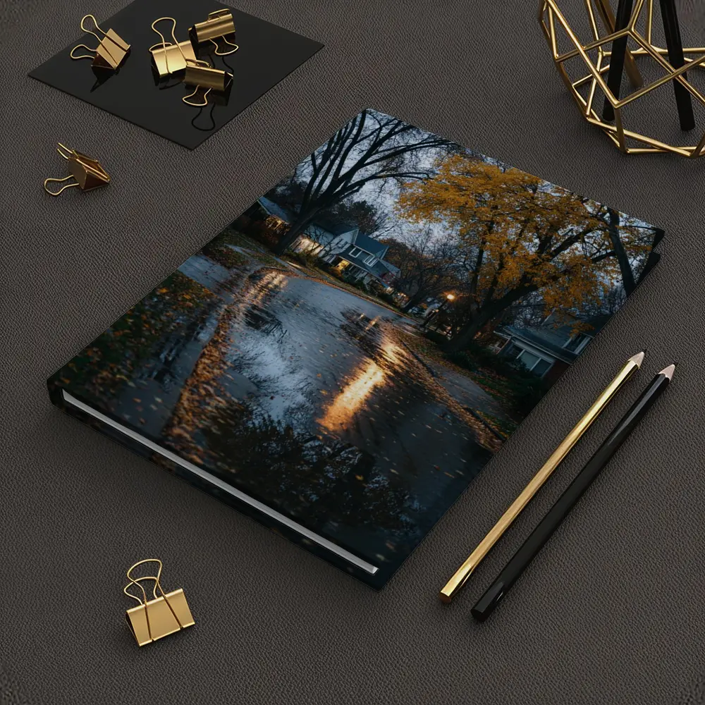 Rainy Autumn Suburban Street Wet Reflection – Notebooks