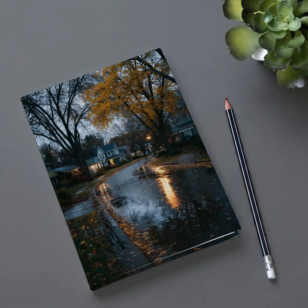 Rainy Autumn Suburban Street Wet Reflection – Notebooks