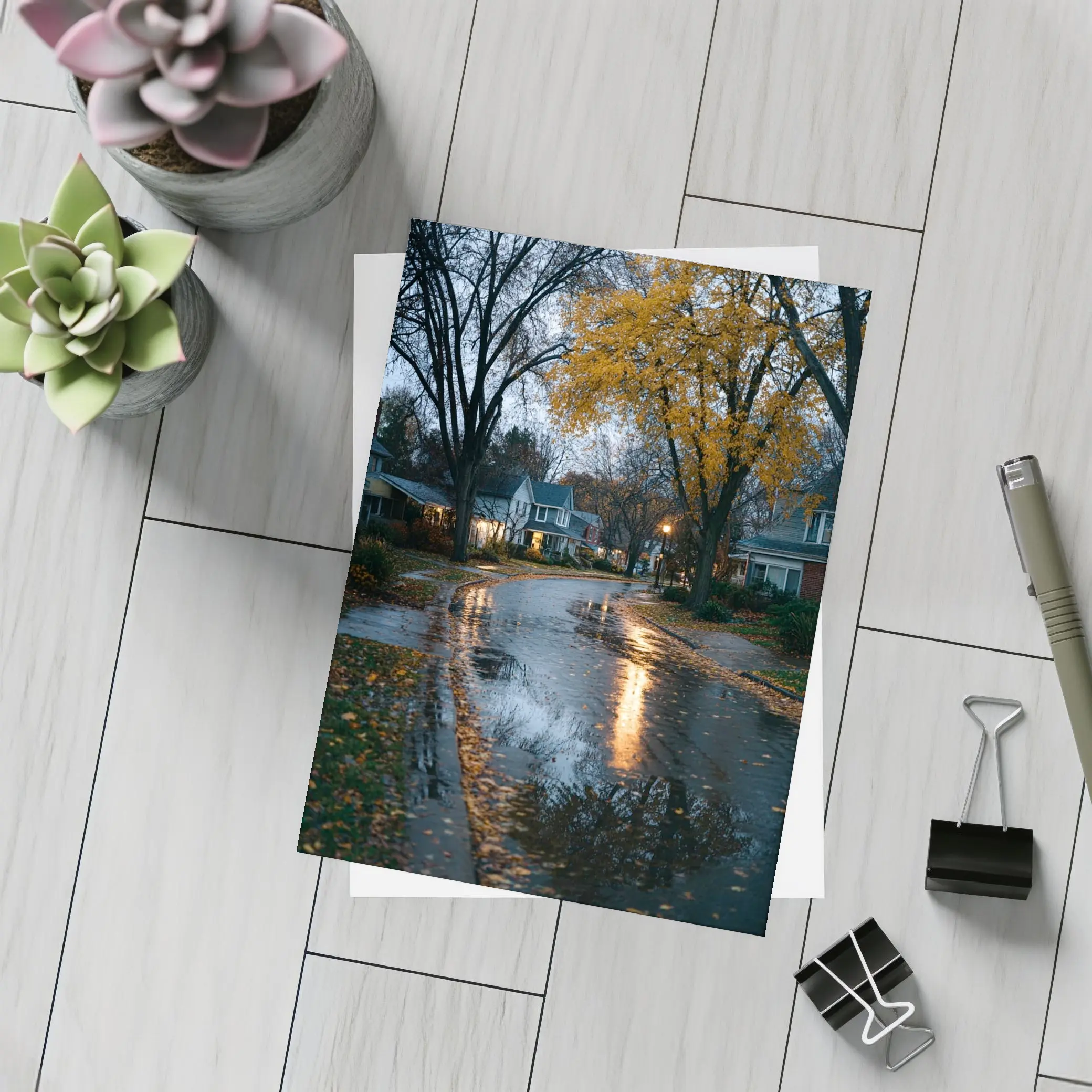 Rainy Autumn Suburban Street Wet Reflection – Postcards