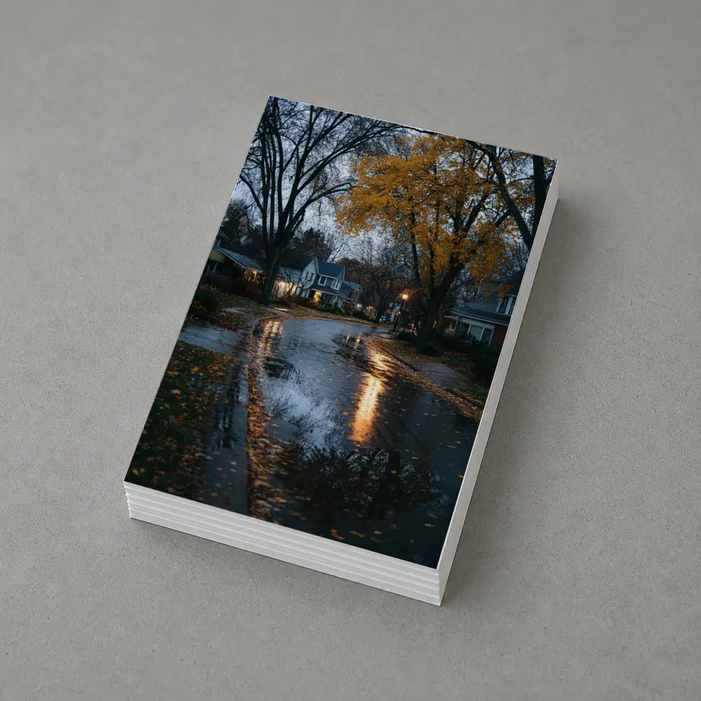 Rainy Autumn Suburban Street Wet Reflection – Postcards