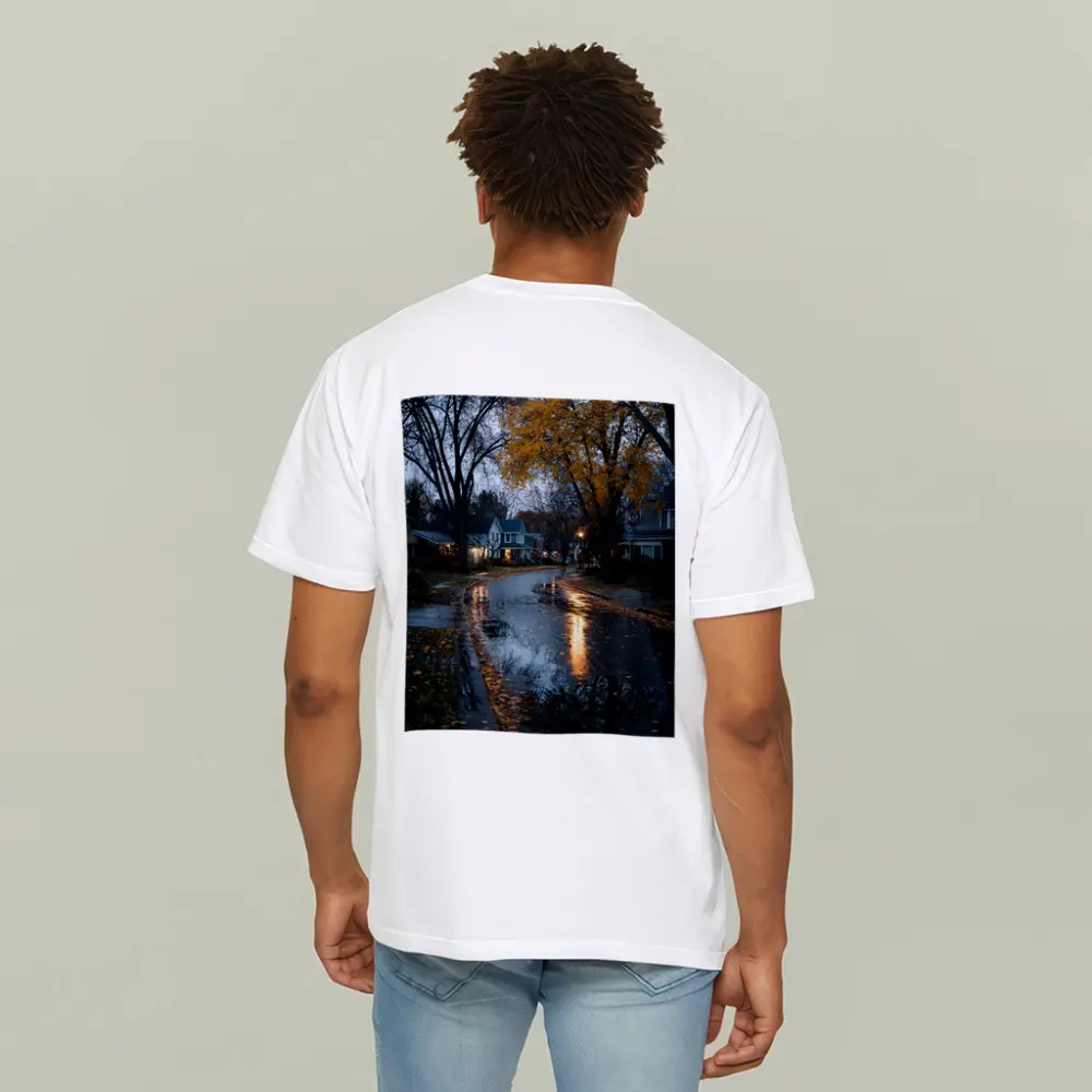 Rainy Autumn Suburban Street Wet Reflection – T-Shirts