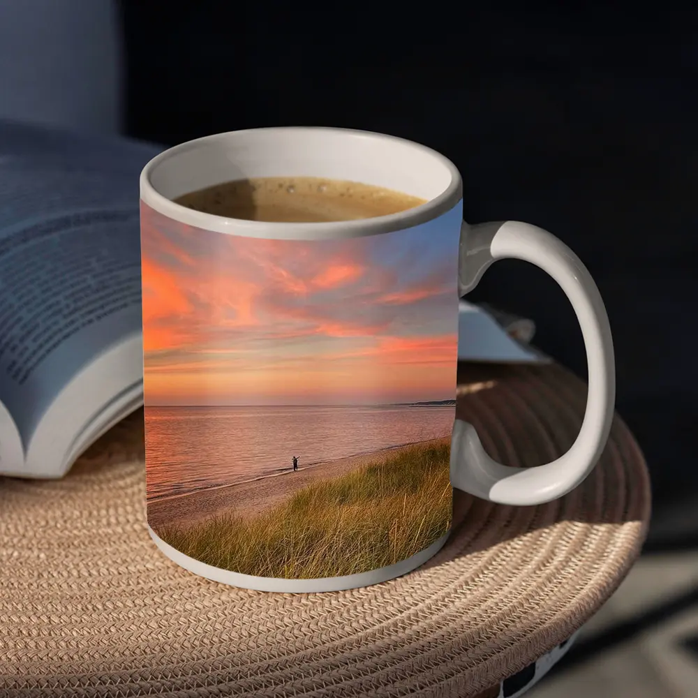 Sunset Beach Dunes Lone Figure Coastal View – Mugs