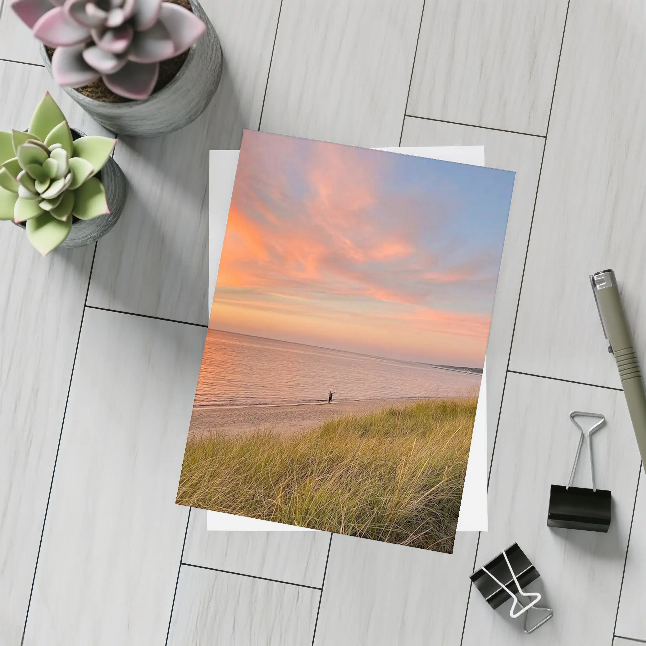 Sunset Beach Dunes Lone Figure Coastal View – Postcards