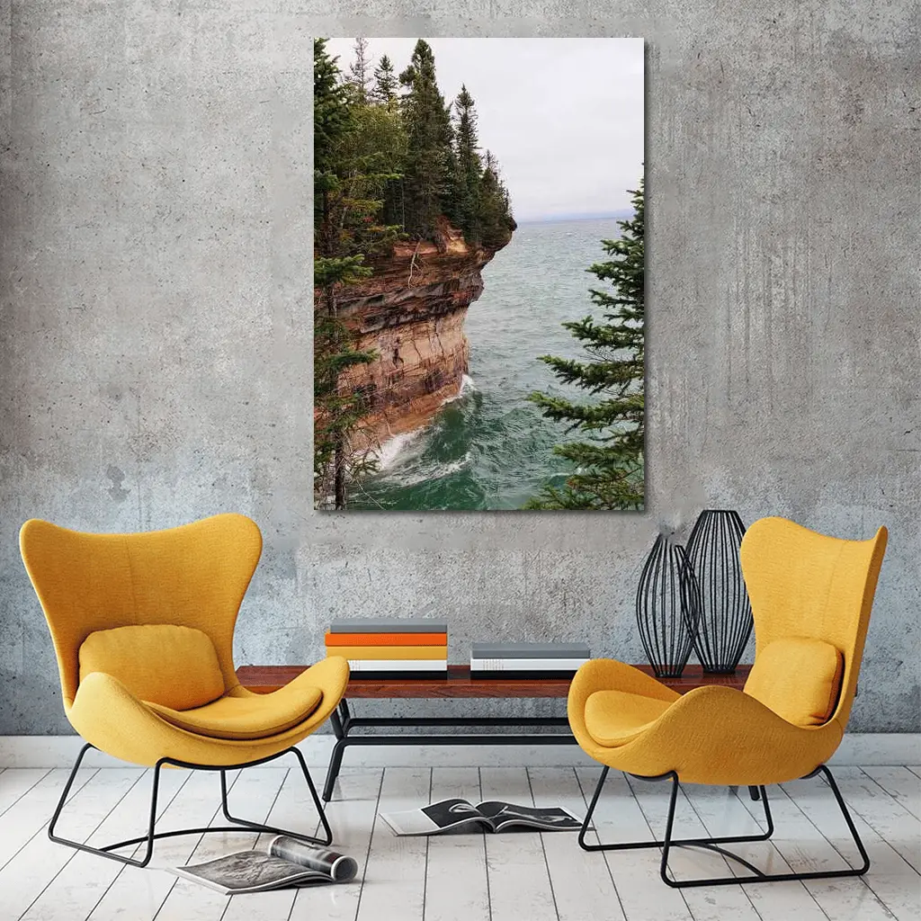 Red Sandstone Cliff Above Teal Lake – Wall Art