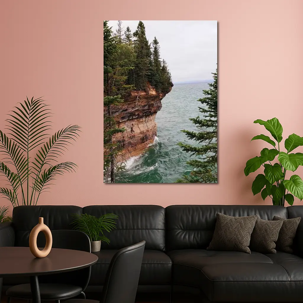 Red Sandstone Cliff Above Teal Lake – Wall Art