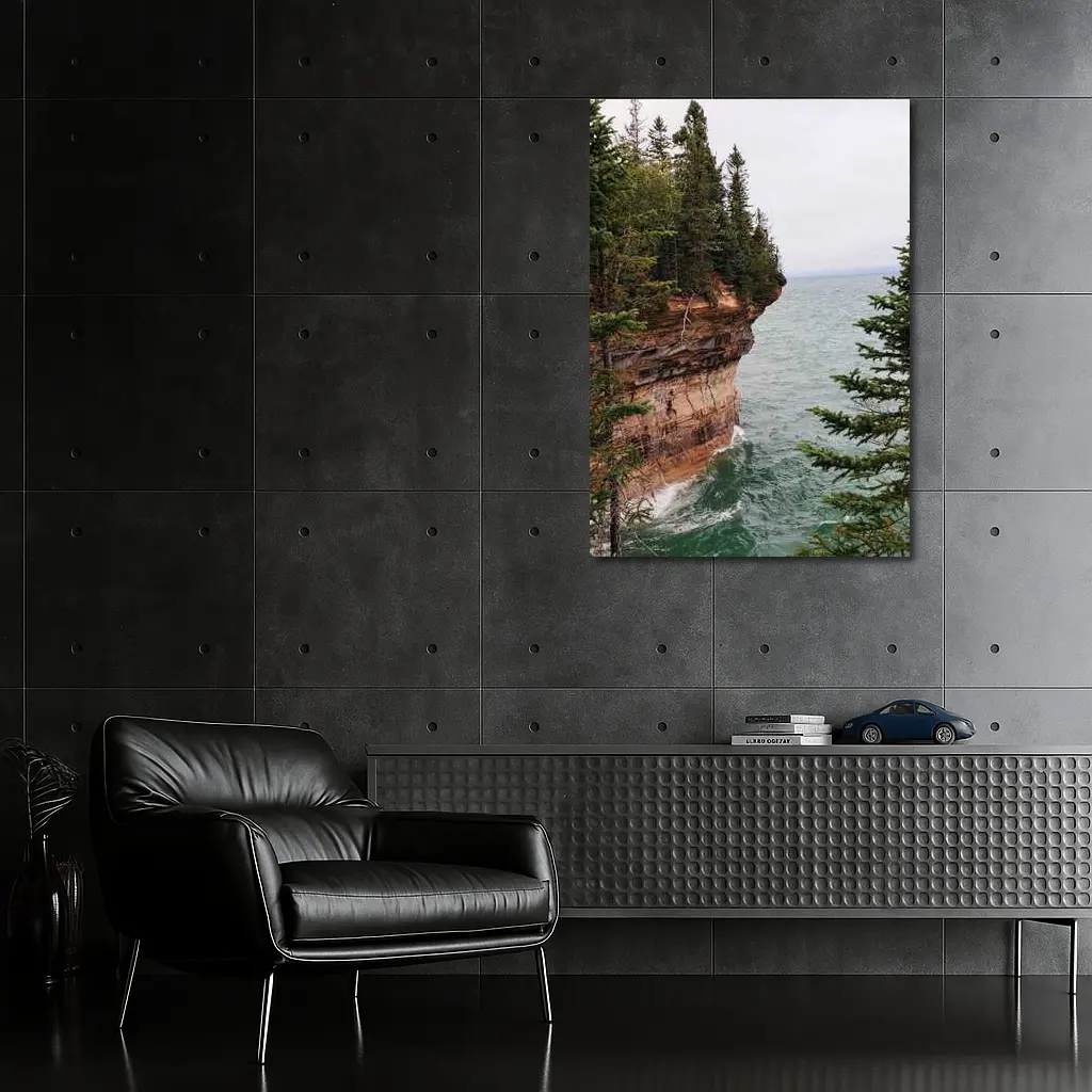 Red Sandstone Cliff Above Teal Lake – Wall Art