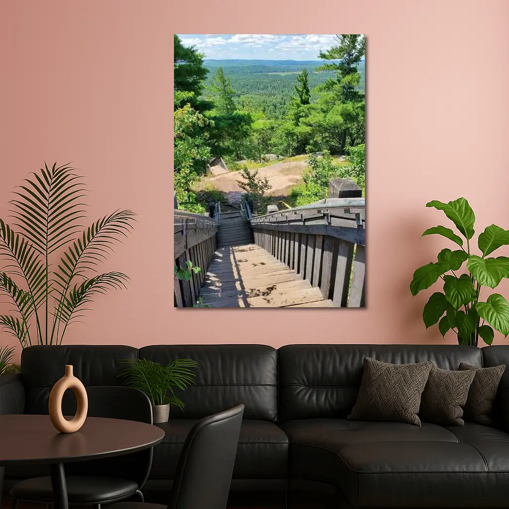 Wooden Staircase Overlooking Vast Forest Landscape – Wall Art