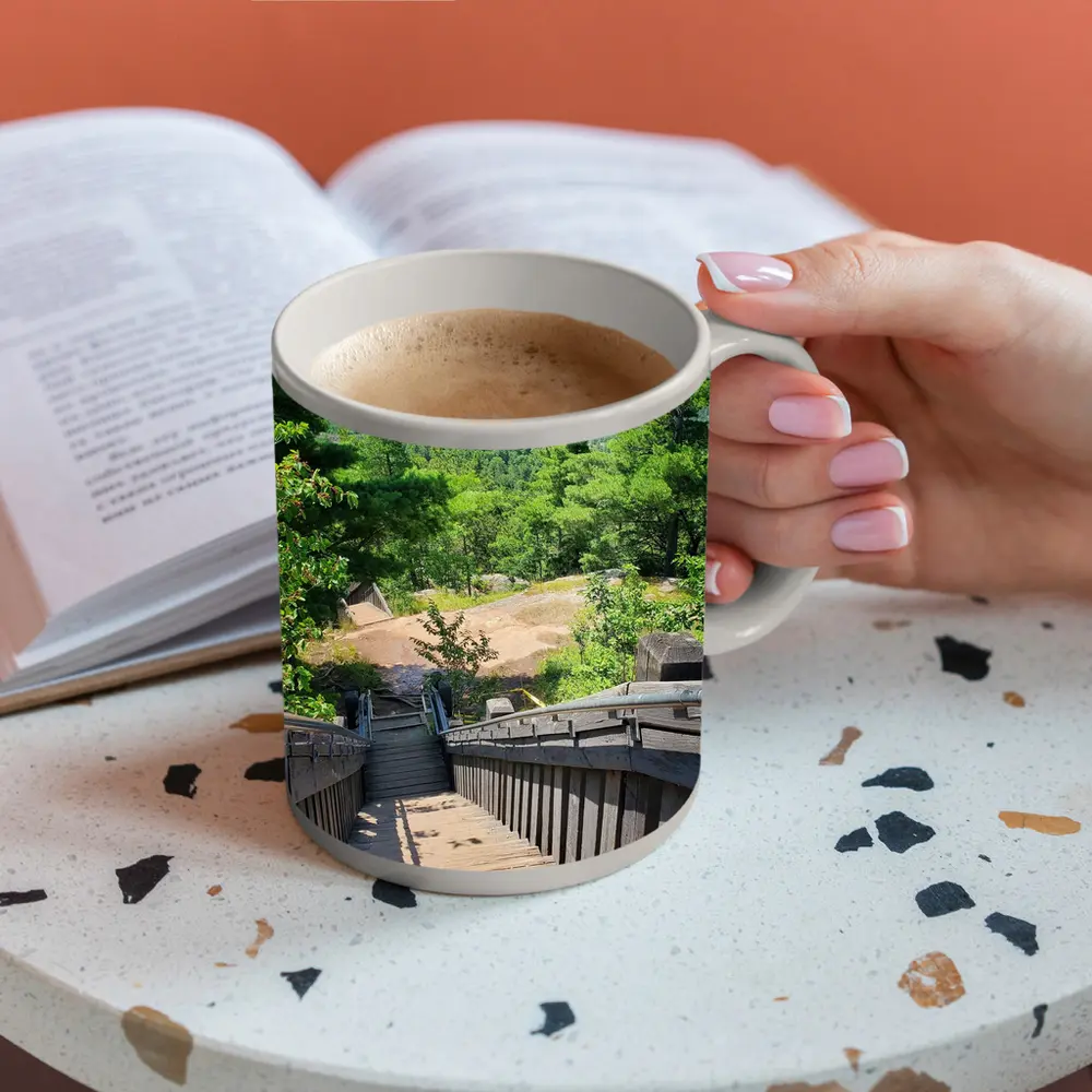 Wooden Staircase Overlooking Vast Forest Landscape – Mugs