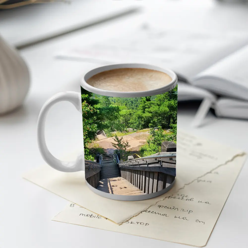 Wooden Staircase Overlooking Vast Forest Landscape – Mugs