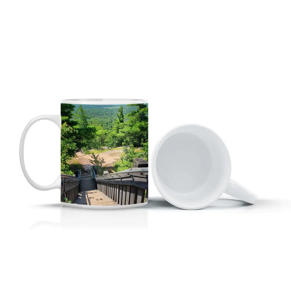 Wooden Staircase Overlooking Vast Forest Landscape – Mugs