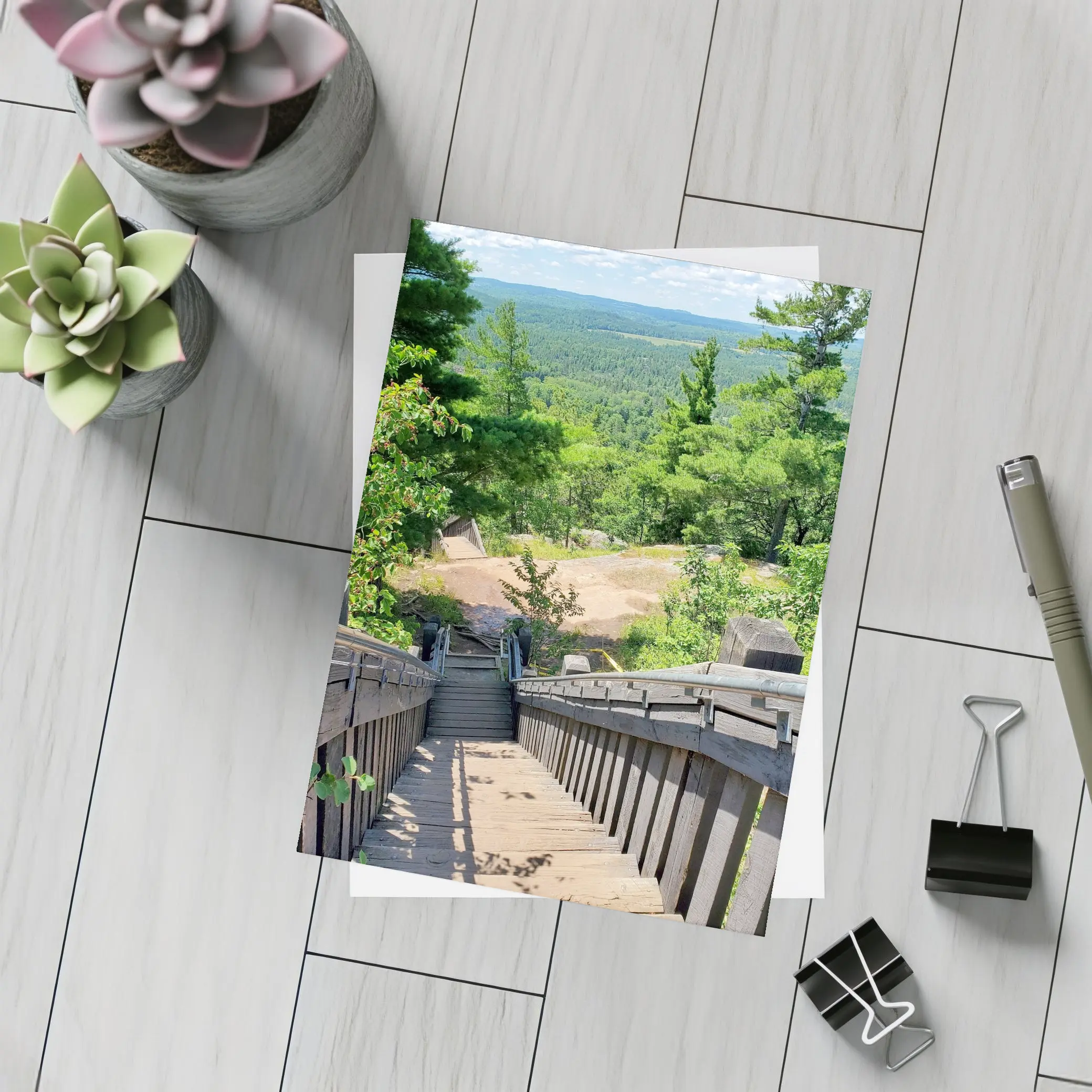 Wooden Staircase Overlooking Vast Forest Landscape – Postcards