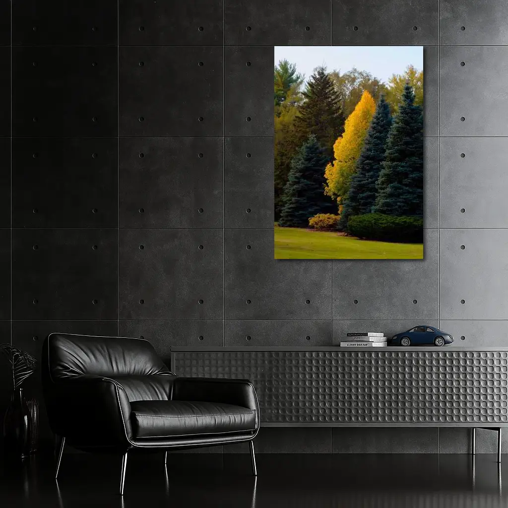 Yellow Autumn Tree Among Blue Spruce Forest – Wall Art