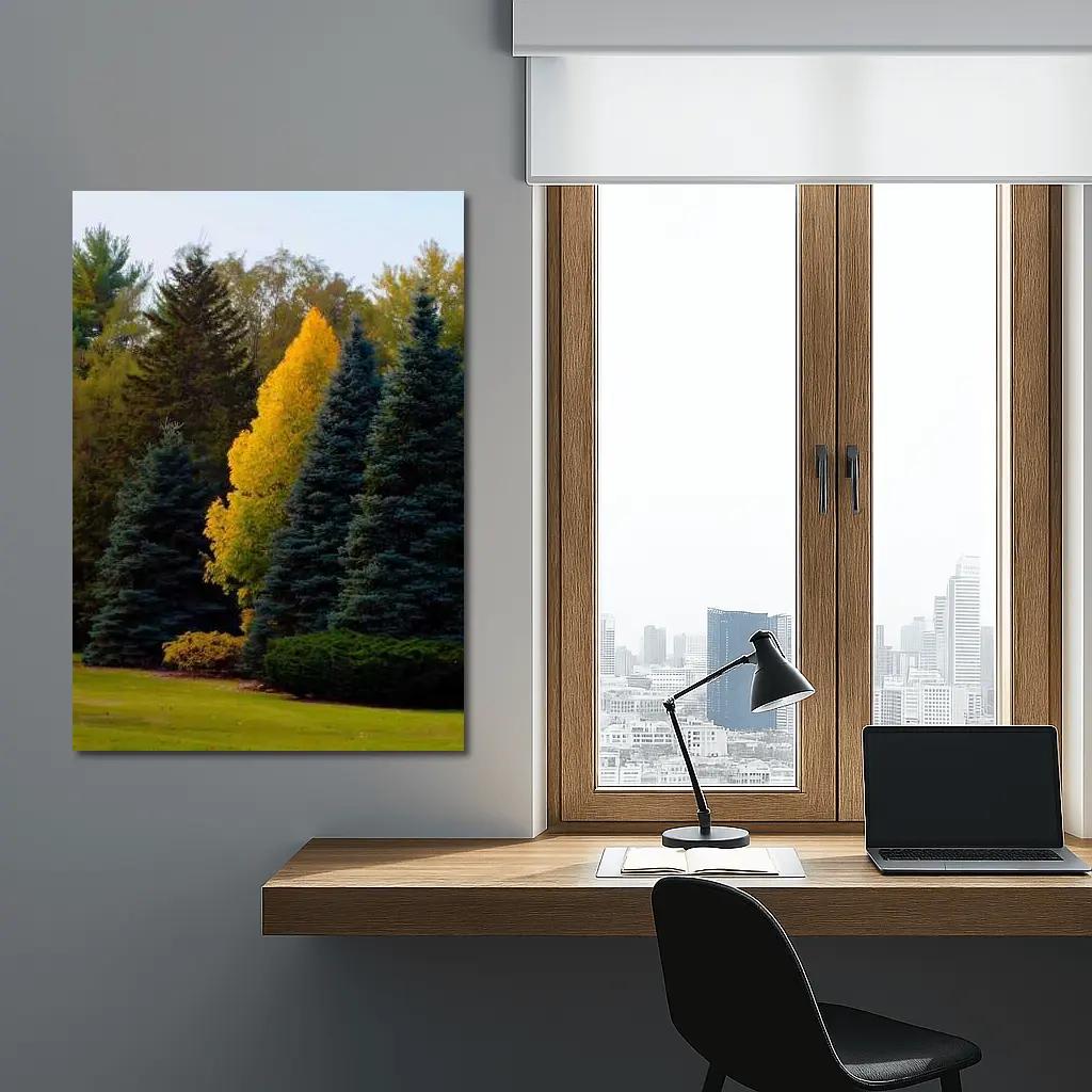 Yellow Autumn Tree Among Blue Spruce Forest – Wall Art