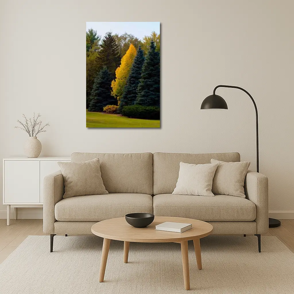 Yellow Autumn Tree Among Blue Spruce Forest – Wall Art