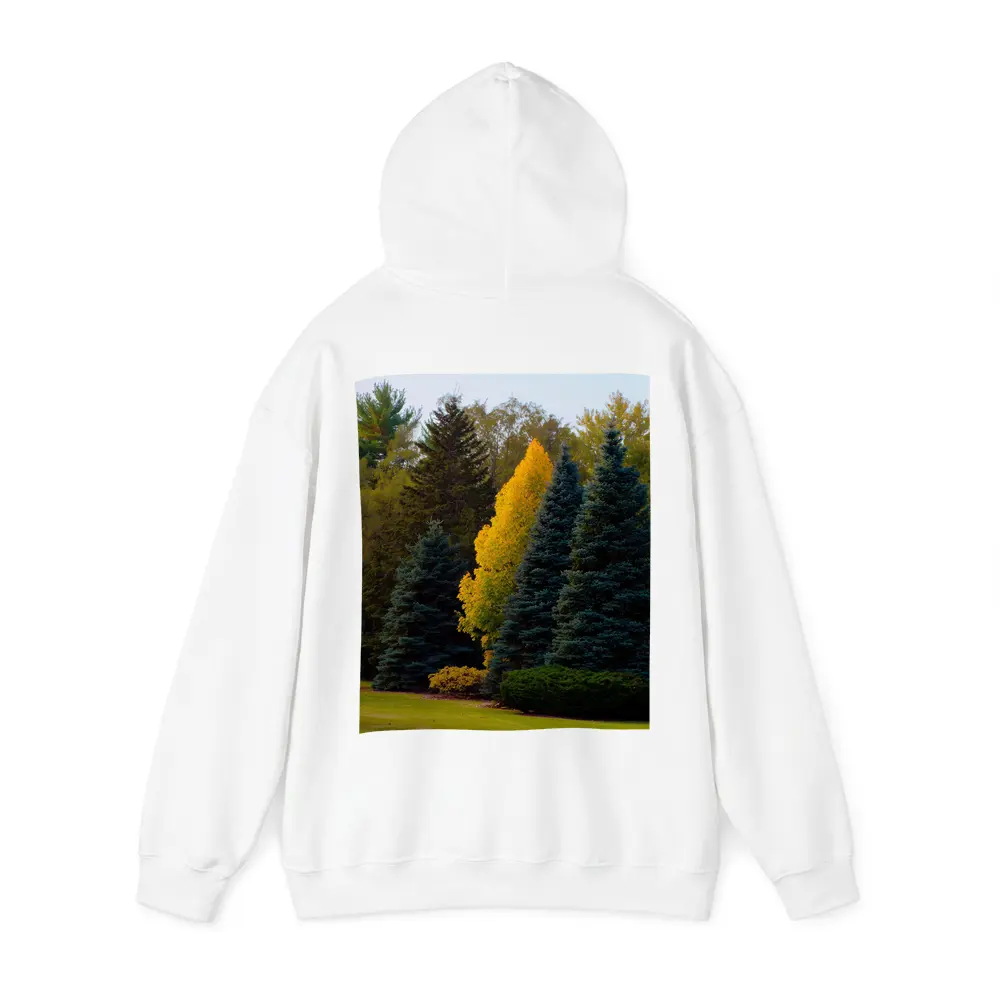 Yellow Autumn Tree Among Blue Spruce Forest – Hoodies