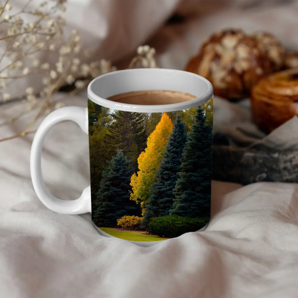 Yellow Autumn Tree Among Blue Spruce Forest – Mugs