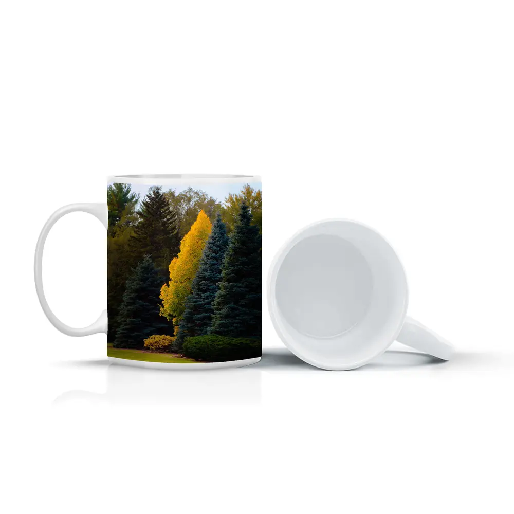 Yellow Autumn Tree Among Blue Spruce Forest – Mugs