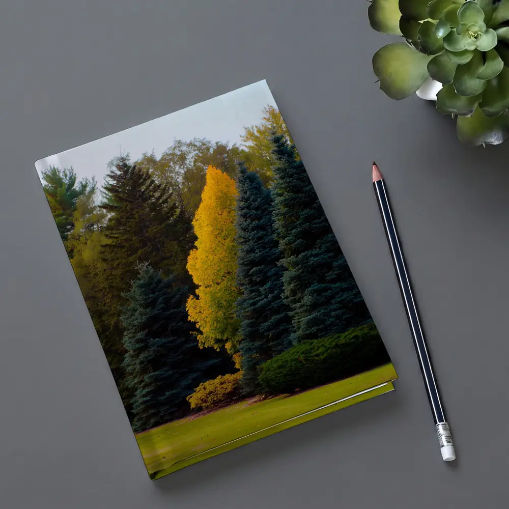 Yellow Autumn Tree Among Blue Spruce Forest – Notebooks