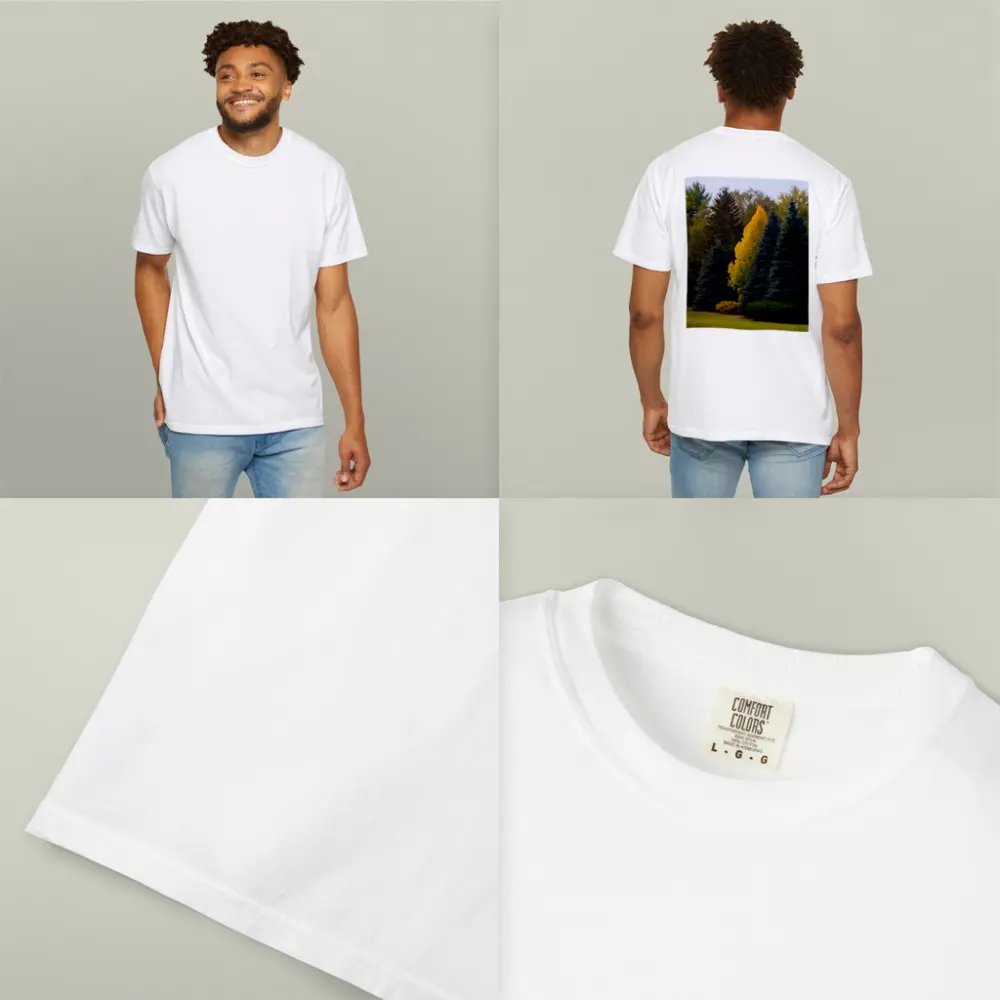Yellow Autumn Tree Among Blue Spruce Forest – T-Shirts