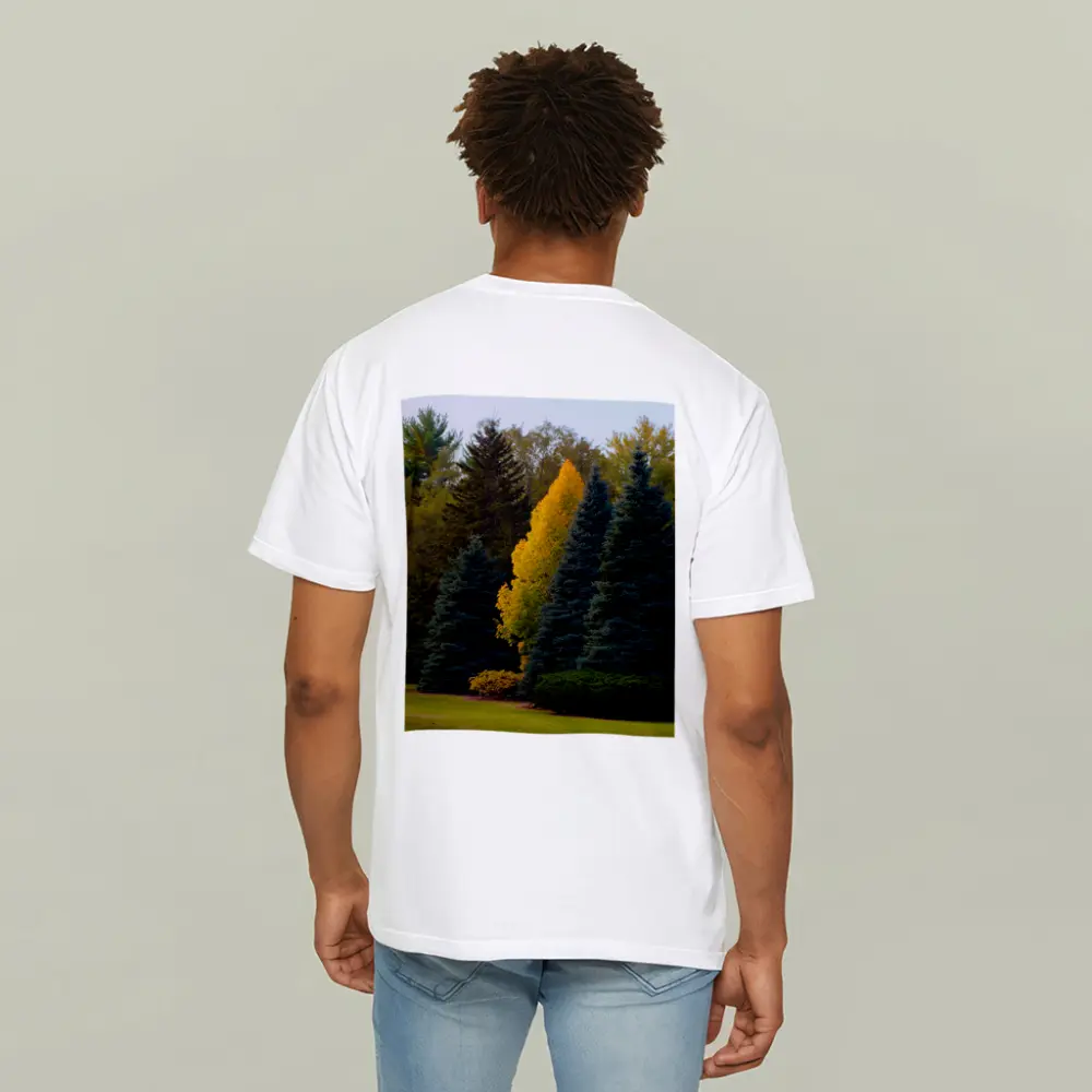 Yellow Autumn Tree Among Blue Spruce Forest – T-Shirts