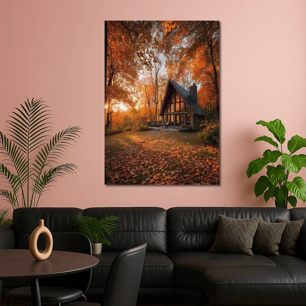 A Frame Cabin Autumn Forest Warm Sunset – Wall Art