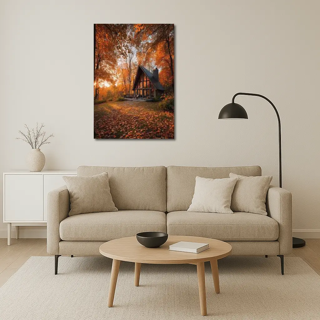 A Frame Cabin Autumn Forest Warm Sunset – Wall Art