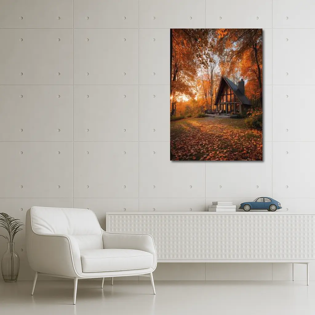 A Frame Cabin Autumn Forest Warm Sunset – Wall Art