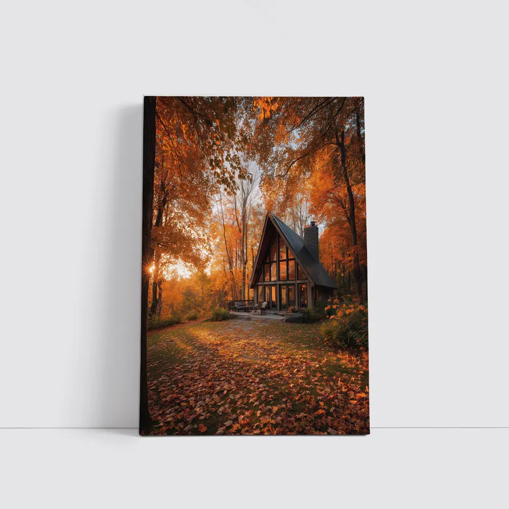 A Frame Cabin Autumn Forest Warm Sunset – Wall Art