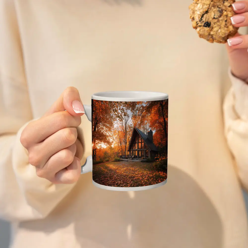 A Frame Cabin Autumn Forest Warm Sunset – Mugs