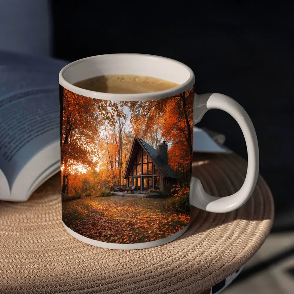 A Frame Cabin Autumn Forest Warm Sunset – Mugs