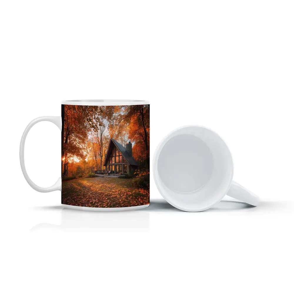 A Frame Cabin Autumn Forest Warm Sunset – Mugs
