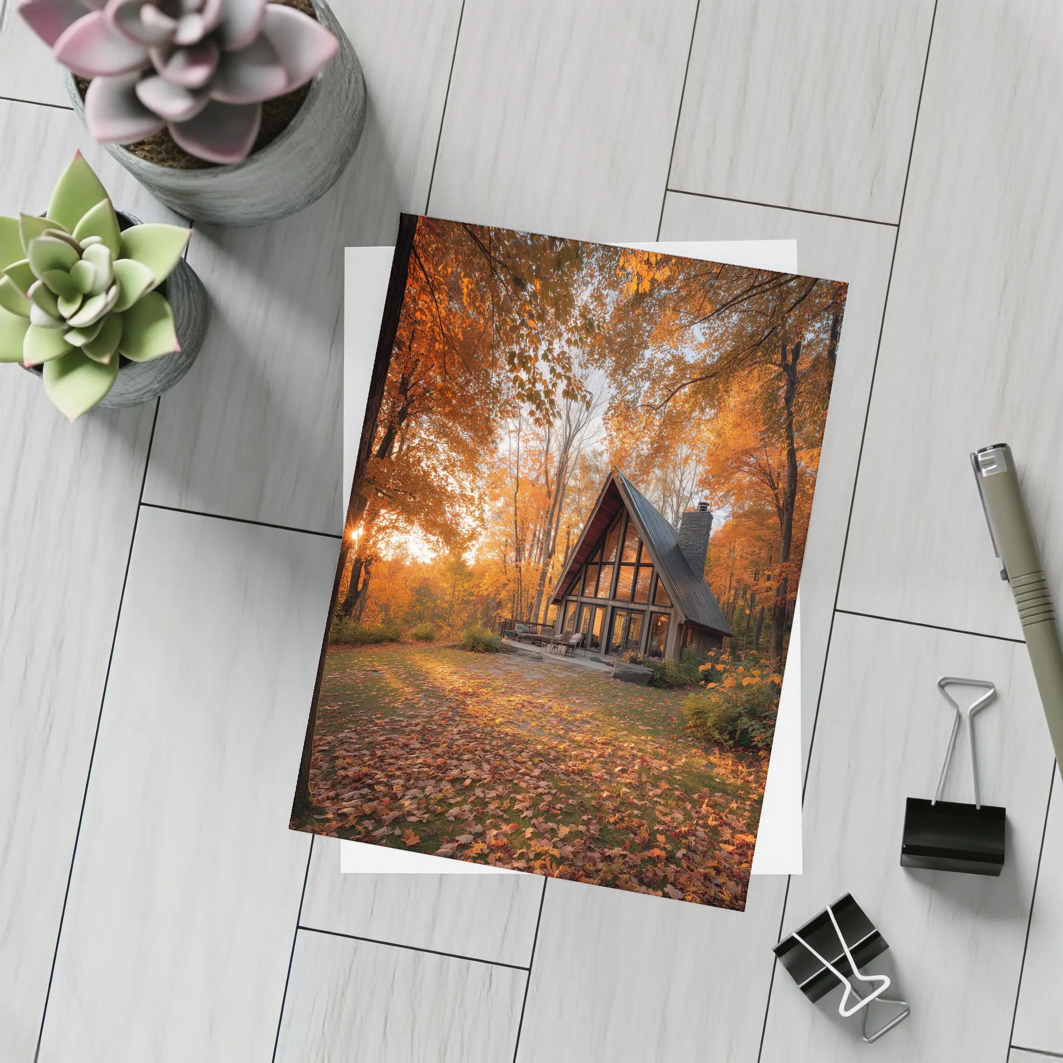 A Frame Cabin Autumn Forest Warm Sunset – Postcards