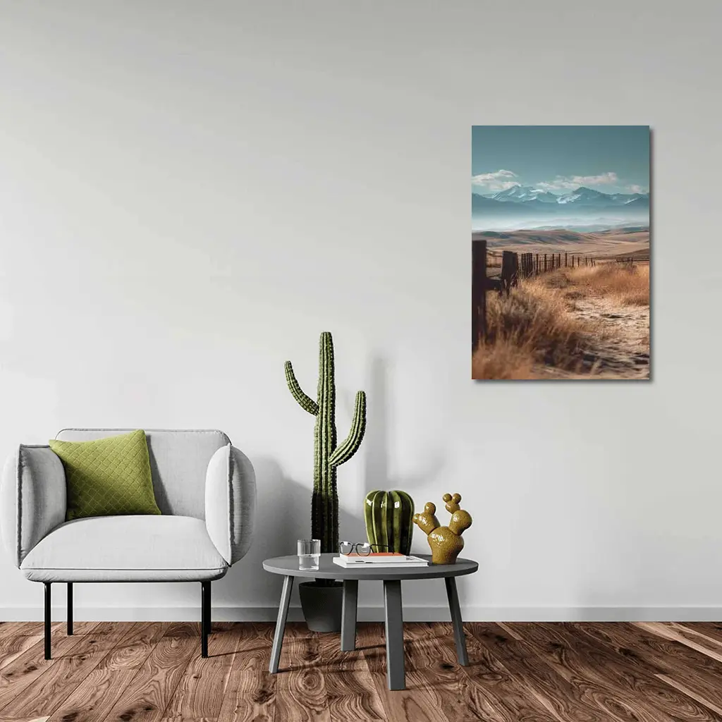 Prairie Path Fence Mountains Dry Grassland – Wall Art
