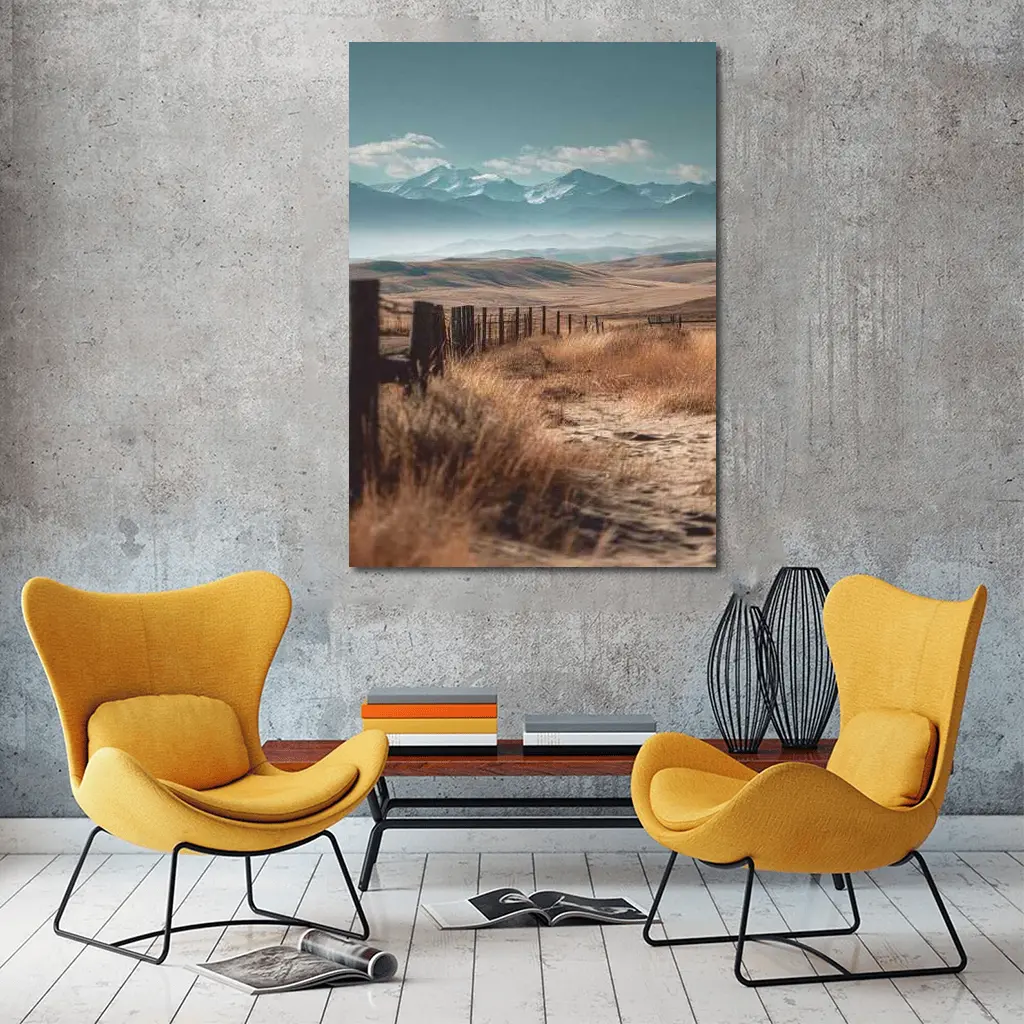 Prairie Path Fence Mountains Dry Grassland – Wall Art