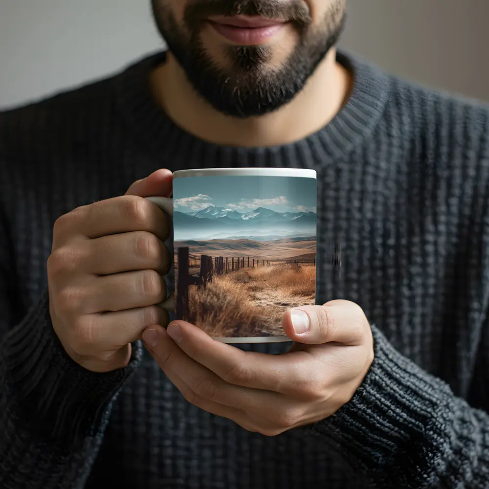 Prairie Path Fence Mountains Dry Grassland – Mugs