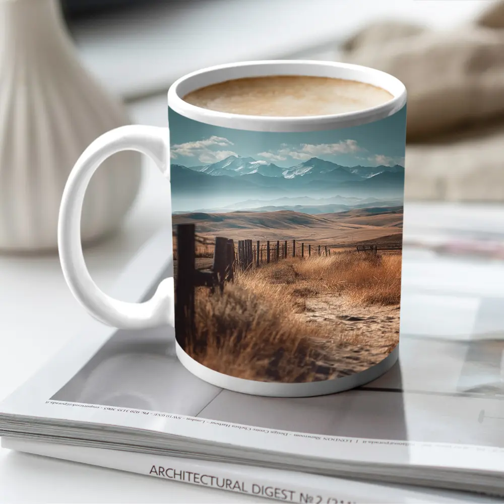 Prairie Path Fence Mountains Dry Grassland – Mugs