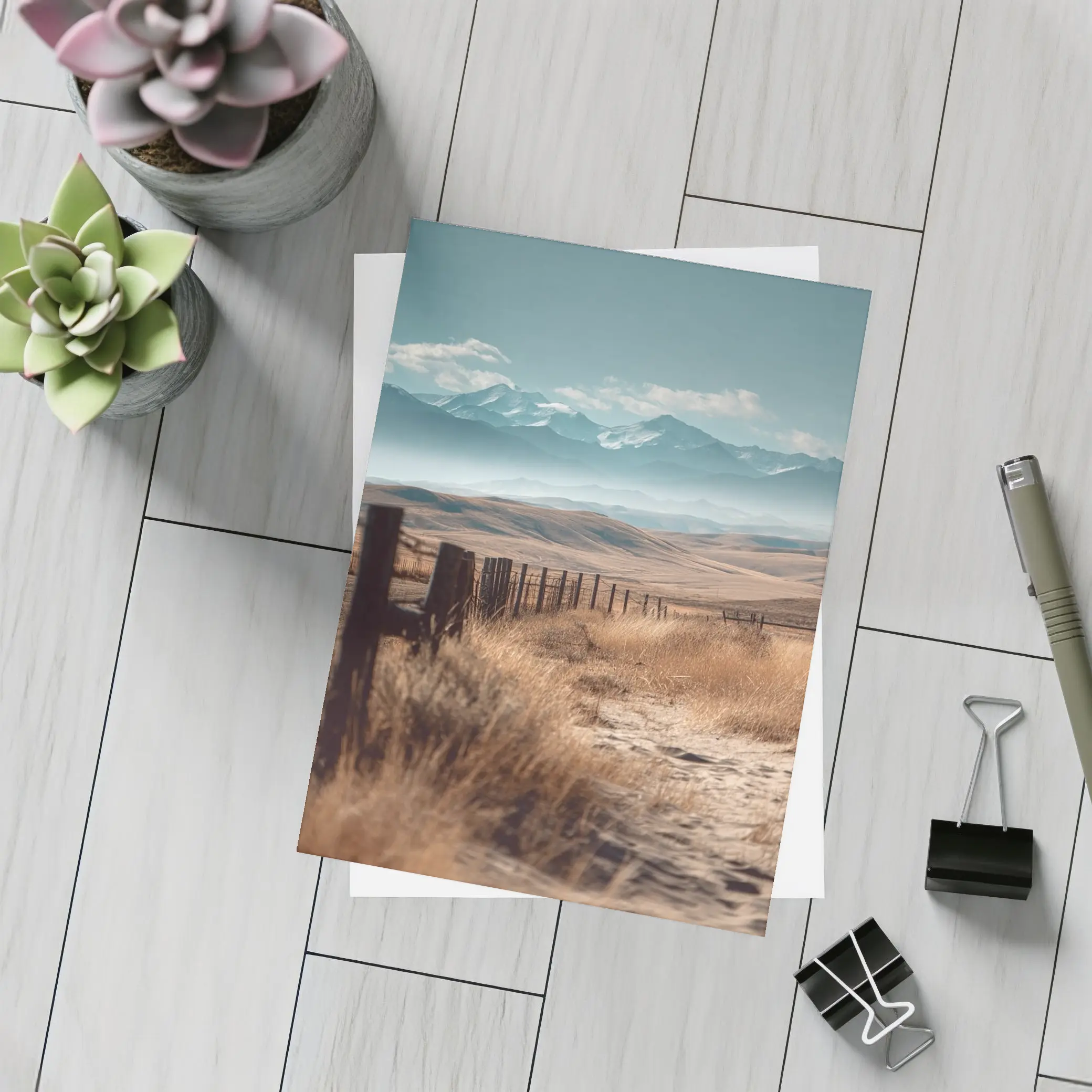 Prairie Path Fence Mountains Dry Grassland – Postcards