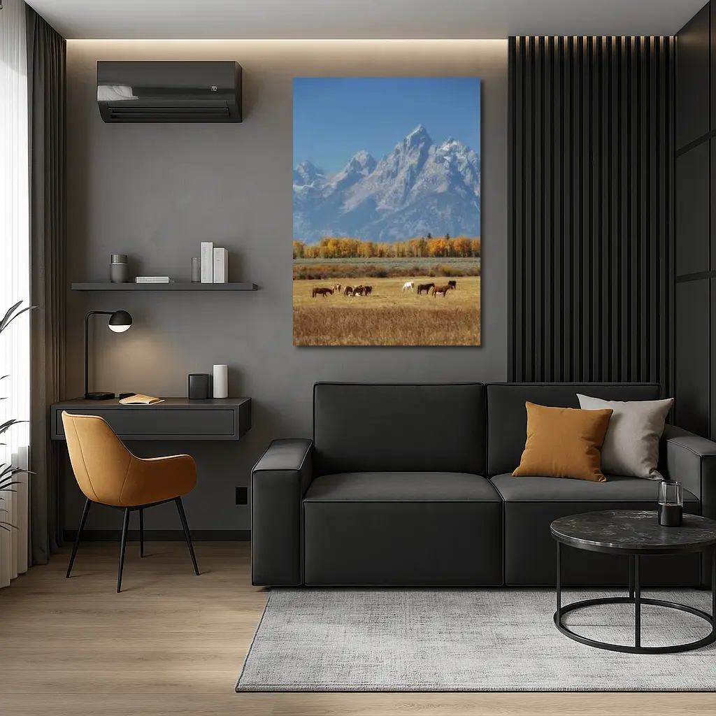 Horses Grazing Grand Teton Mountains Autumn – Wall Art