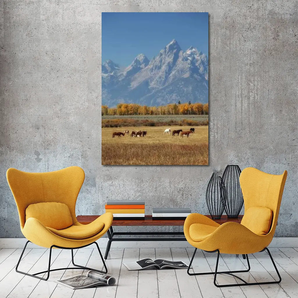 Horses Grazing Grand Teton Mountains Autumn – Wall Art