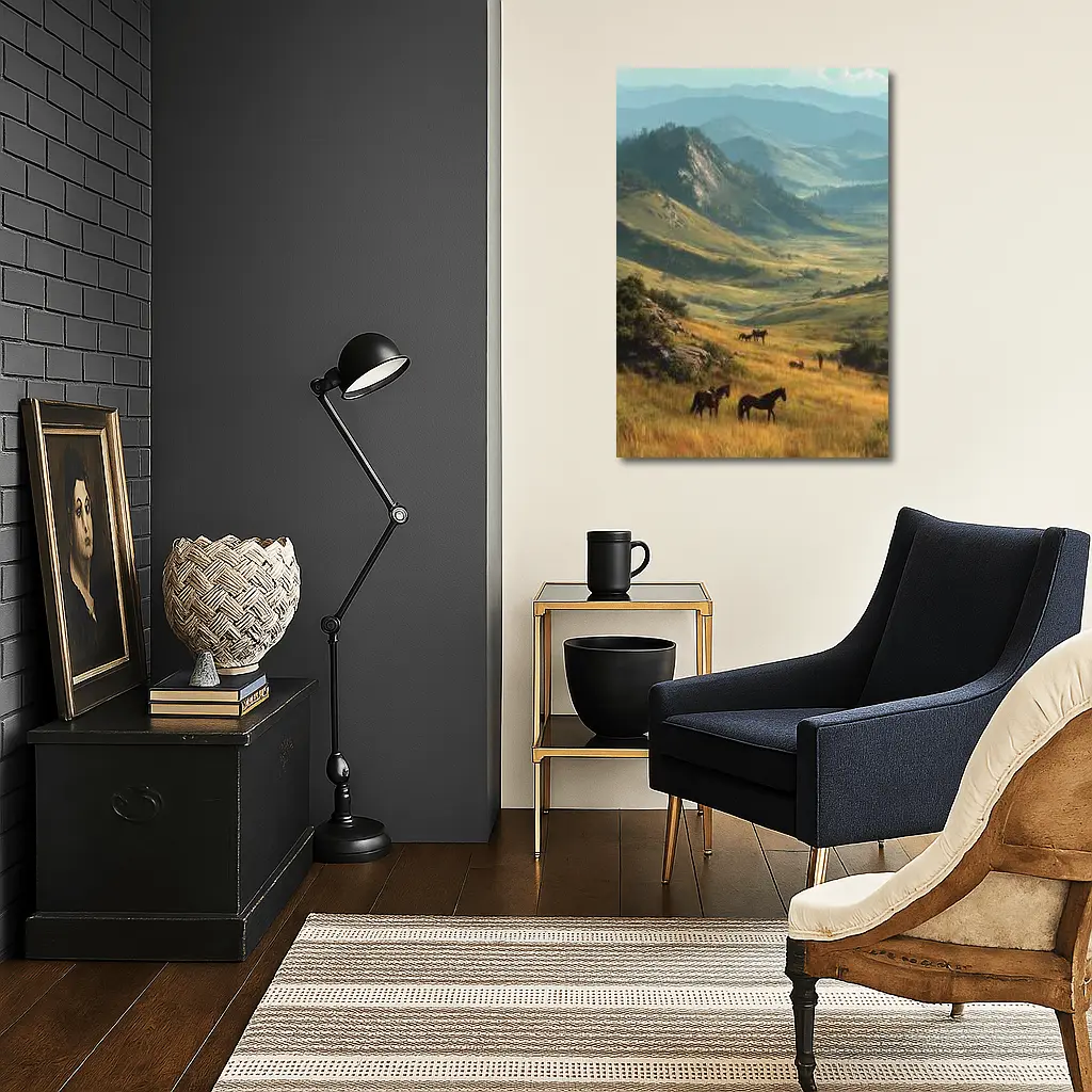 Wild Horses Grazing in Mountain Valley – Wall Art