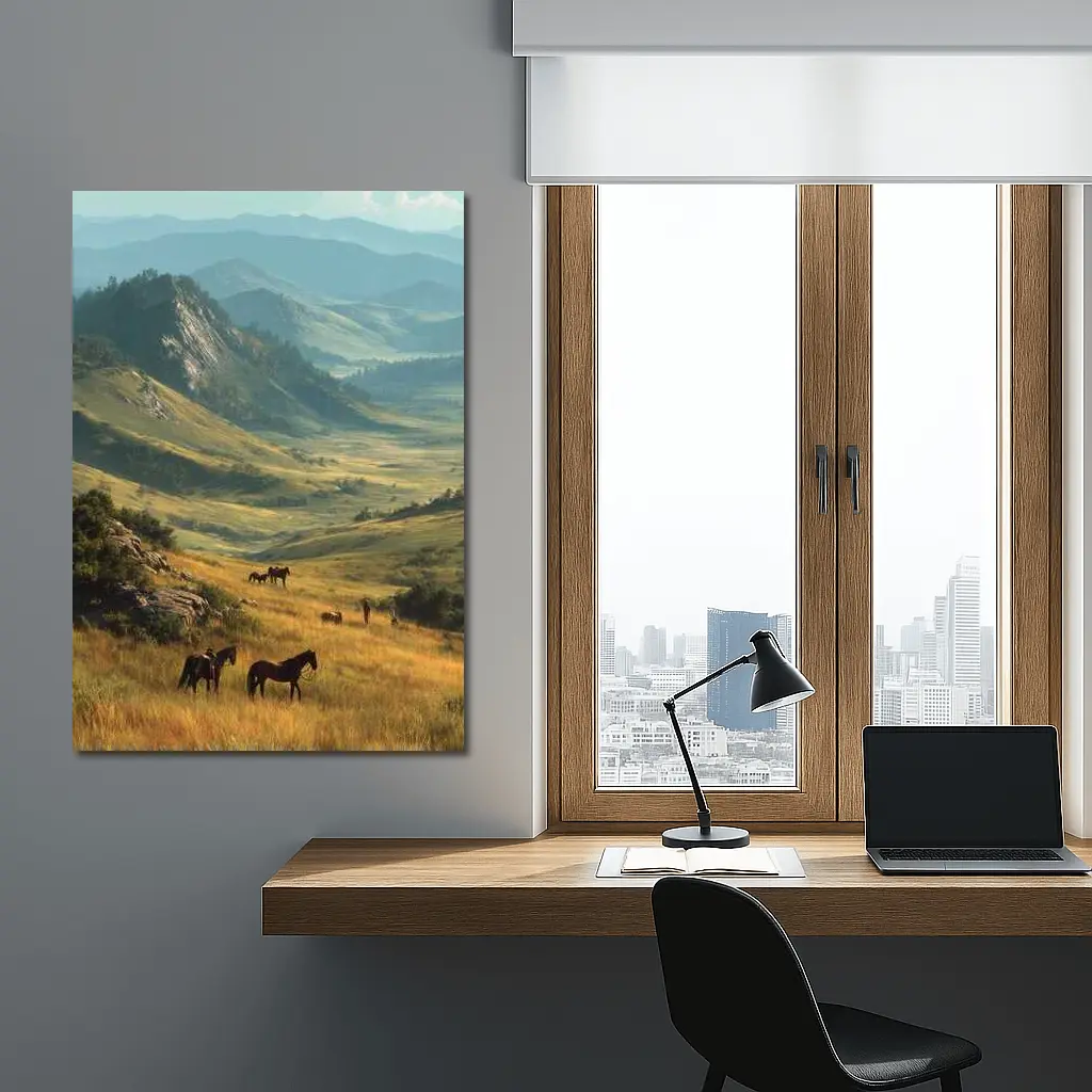Wild Horses Grazing in Mountain Valley – Wall Art