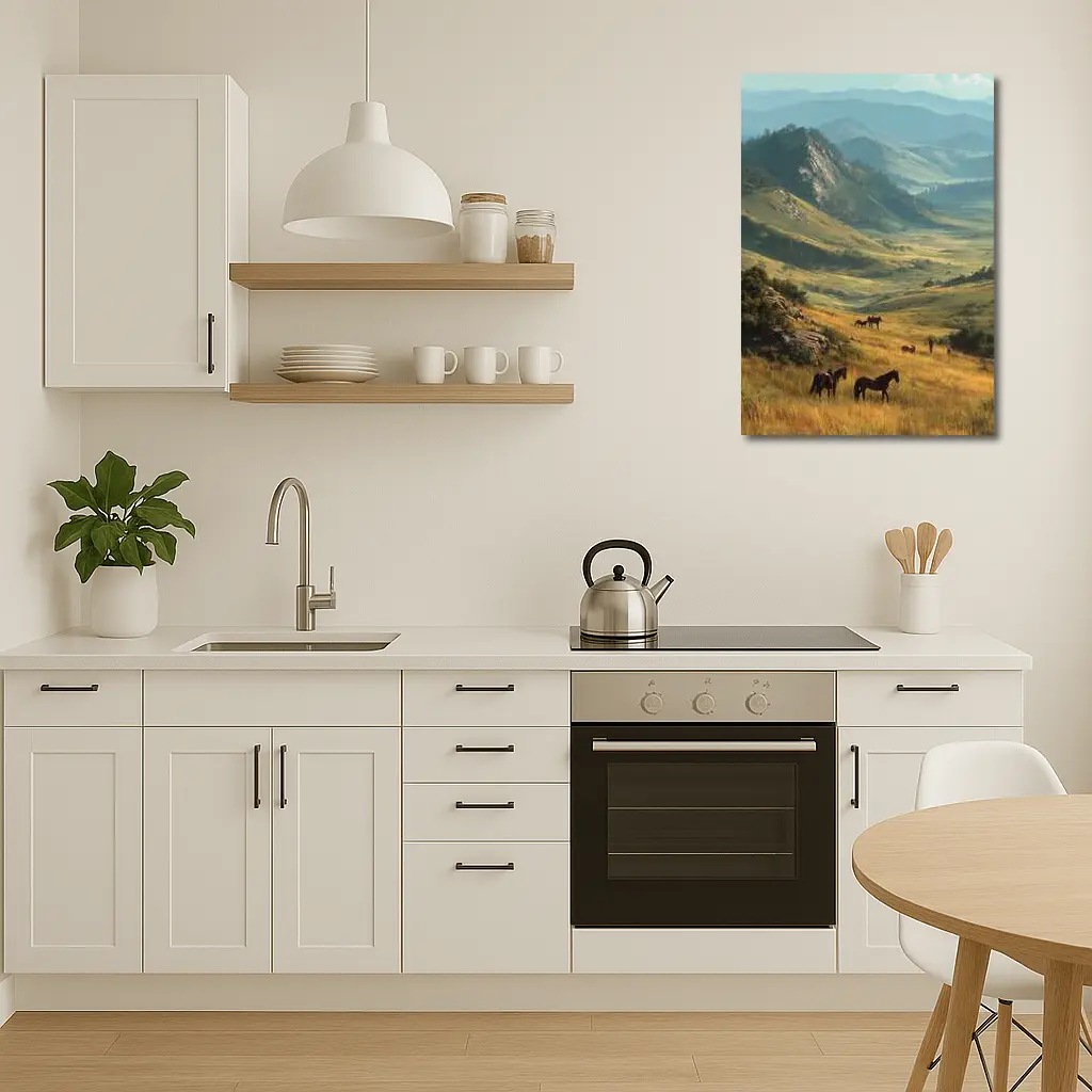 Wild Horses Grazing in Mountain Valley – Wall Art