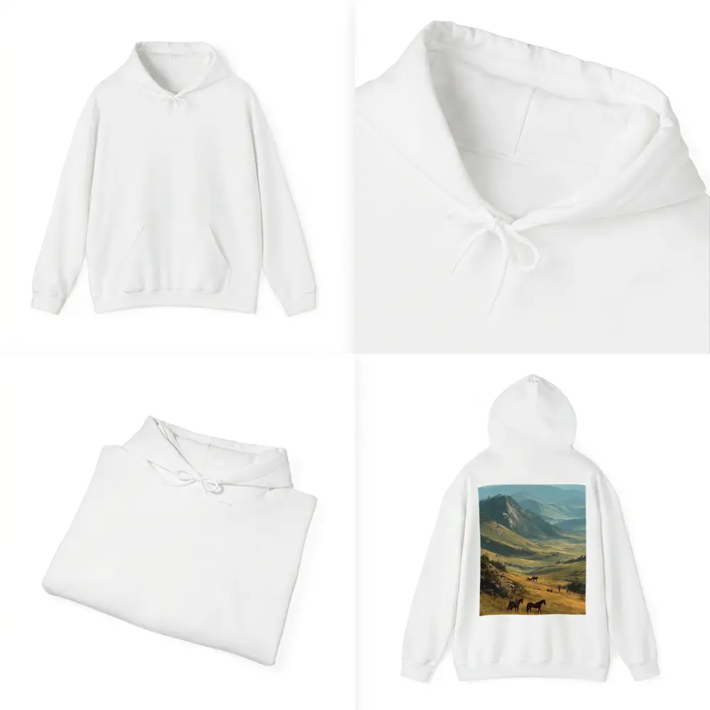 Wild Horses Grazing in Mountain Valley – Hoodies