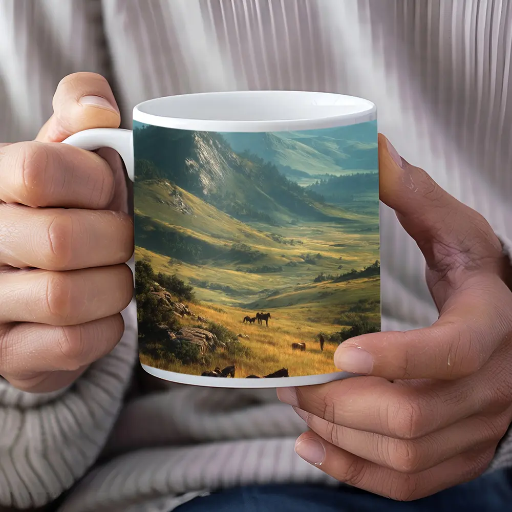 Wild Horses Grazing in Mountain Valley – Mugs
