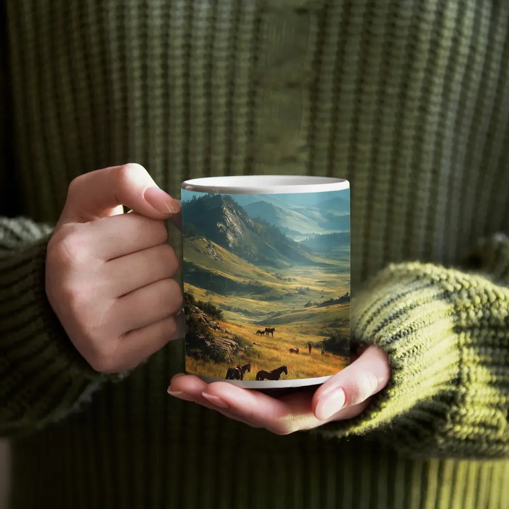 Wild Horses Grazing in Mountain Valley – Mugs