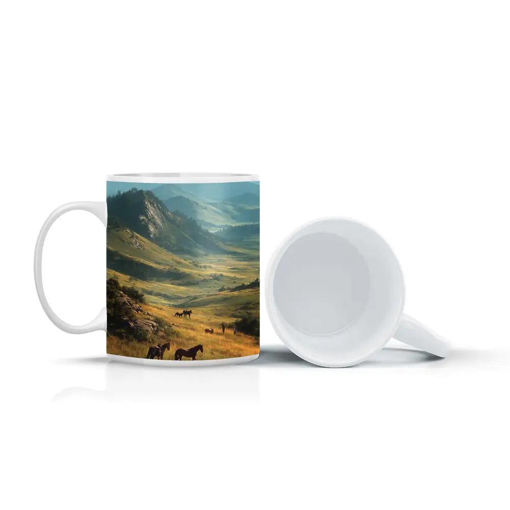Wild Horses Grazing in Mountain Valley – Mugs